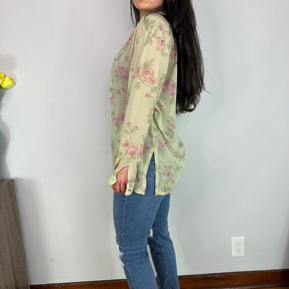 Rena Rowan Green Sheer Button Down Floral Blouse - Picture 4 of 7